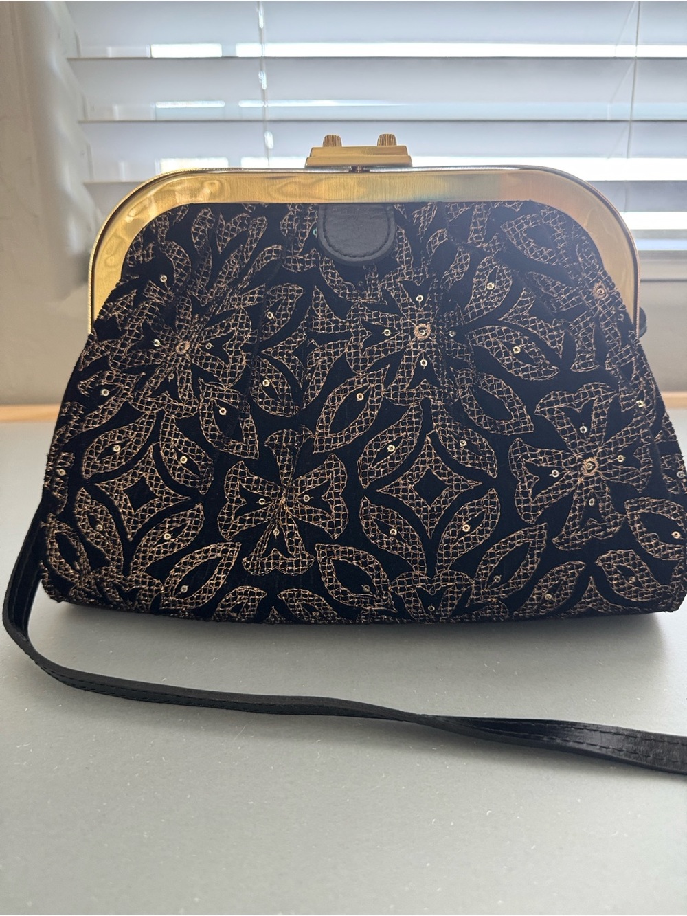 Patricia Nash Black Velvet Floral Convertible Crossbody with Gold Frame